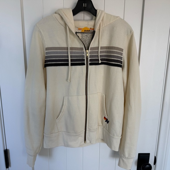 AVIATOR NATION 5 Stripe HOODIE, Ivory w Grey Stripes, SMALL - Picture 3 of 8